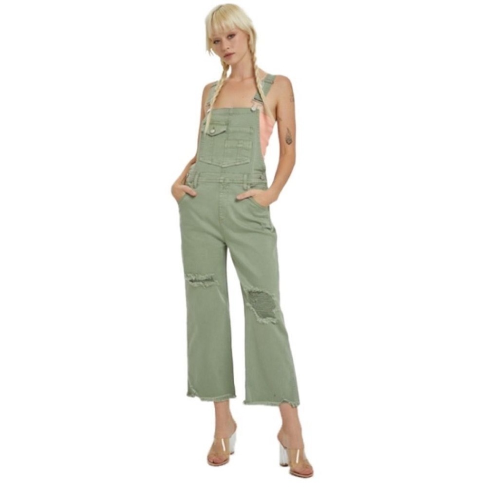 Risen Overalls Straight Leg Denim Olive Distressed Raw Hem - Picture 3 of 10